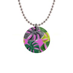 Tropical Greens Pink Leaf 1  Button Necklace