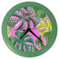 Tropical Greens Pink Leaf Color Wall Clock by HermanTelo