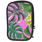 Tropical Greens Pink Leaf Compact Camera Leather Case Front