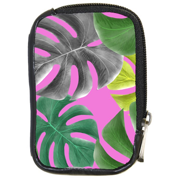 Tropical Greens Pink Leaf Compact Camera Leather Case