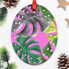 Tropical Greens Pink Leaf Ornament (oval Filigree) by HermanTelo