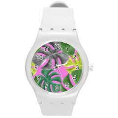 Tropical Greens Pink Leaf Round Plastic Sport Watch (m)