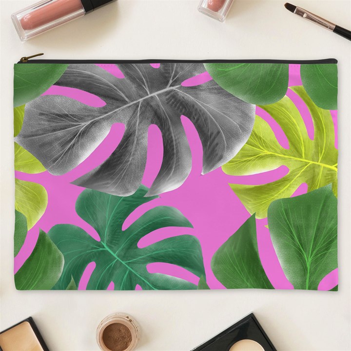 Tropical Greens Pink Leaf Cosmetic Bag (XXXL)