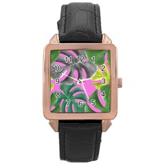 Tropical Greens Pink Leaf Rose Gold Leather Watch 