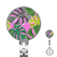 Tropical Greens Pink Leaf Stainless Steel Nurses Watch