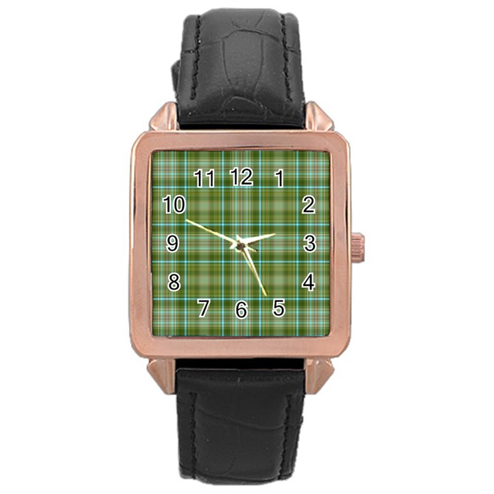 Vintage Green Plaid Rose Gold Leather Watch 