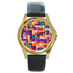 Abstract Geometry Blocks Round Gold Metal Watch by Bajindul