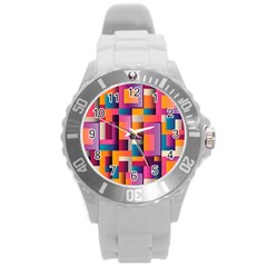 Abstract Background Geometry Blocks Round Plastic Sport Watch (l) by Bajindul