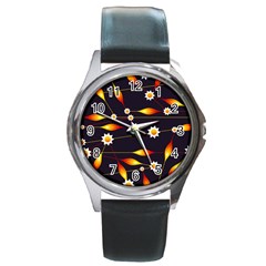 Flower Buds Floral Background Round Metal Watch by Bajindul