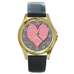 Heart Stripes Symbol Striped Round Gold Metal Watch by Bajindul