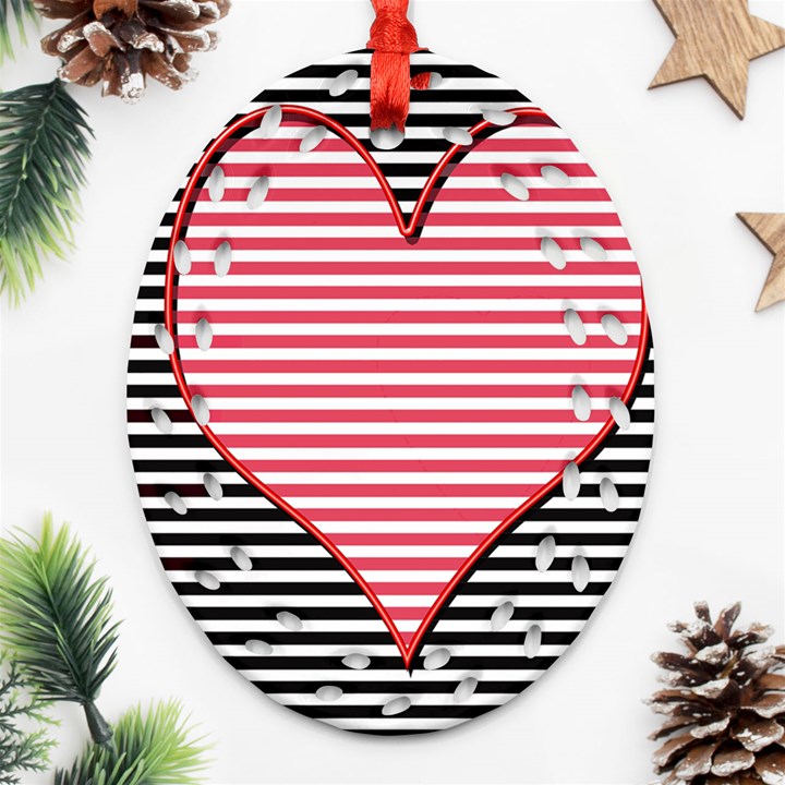 Heart Stripes Symbol Striped Oval Filigree Ornament (Two Sides)