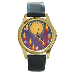 Night Moon Flora Background Round Gold Metal Watch by Bajindul