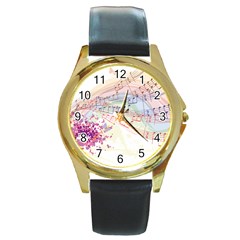 Music Notes Abstract Round Gold Metal Watch by Bajindul