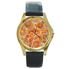 Oranges Background Texture Pattern Round Gold Metal Watch by Bajindul