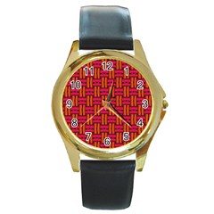 Pattern Red Background Structure Round Gold Metal Watch by Bajindul