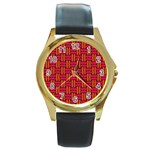 Pattern Red Background Structure Round Gold Metal Watch Front