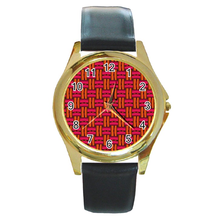 Pattern Red Background Structure Round Gold Metal Watch