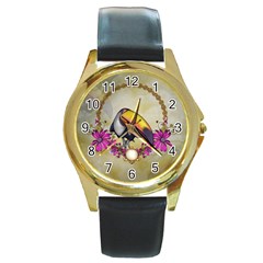 Cute Funny Coutan With Flowers Round Gold Metal Watch by FantasyWorld7