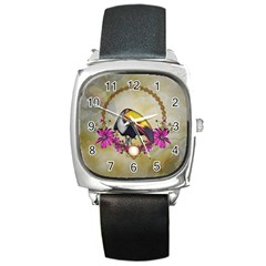 Cute Funny Coutan With Flowers Square Metal Watch