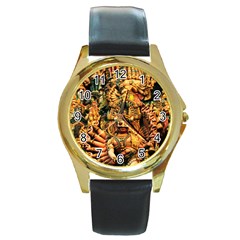 Sculpture Art Temple Tower Round Gold Metal Watch by Pakrebo