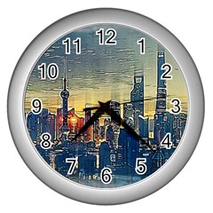 City Metro Pole Buildings Wall Clock (silver) by Pakrebo