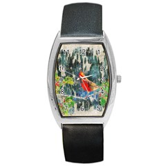 Texture Art Decoration Abstract Bird Nature Barrel Style Metal Watch