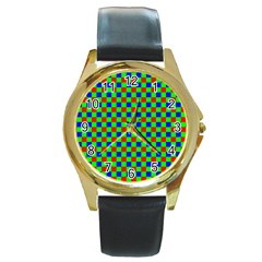 Check Pattern Red, Green, Blue Round Gold Metal Watch by ChastityWhiteRose