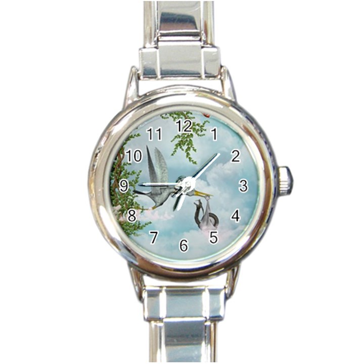 Funny Stork With Creepy Snake Baby Round Italian Charm Watch