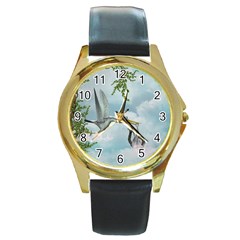 Funny Stork With Creepy Snake Baby Round Gold Metal Watch by FantasyWorld7