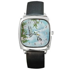 Funny Stork With Creepy Snake Baby Square Metal Watch by FantasyWorld7