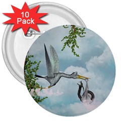 Funny Stork With Creepy Snake Baby 3  Buttons (10 Pack)  by FantasyWorld7