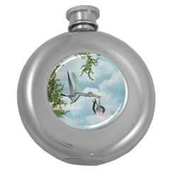 Funny Stork With Creepy Snake Baby Round Hip Flask (5 Oz) by FantasyWorld7