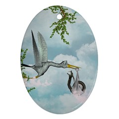 Funny Stork With Creepy Snake Baby Oval Ornament (two Sides) by FantasyWorld7