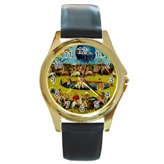 Hieronymus Bosch The Garden Of Earthly Delights (closeup) Round Gold Metal Watch by impacteesstreetwearthree