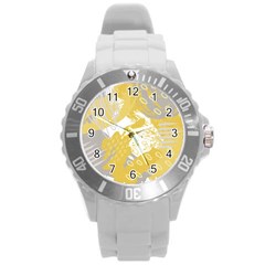 Ochre Yellow And Grey Abstract Round Plastic Sport Watch (l) by charliecreates