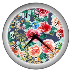 Watercolour Floral  Wall Clock (silver) by charliecreates