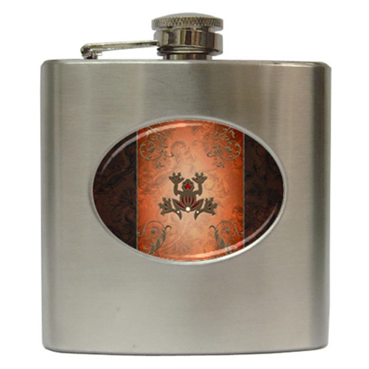 Beautiful Elegant Decorative Frog On Vintage Background Hip Flask (6 oz)