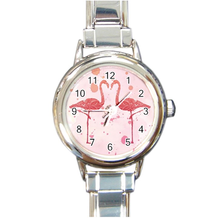 Pink watercolour flamingo Round Italian Charm Watch