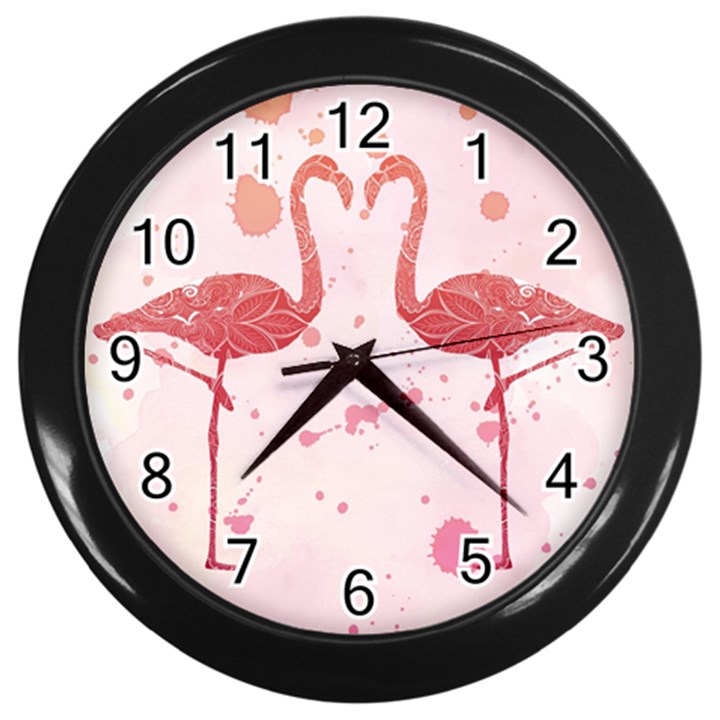 Pink watercolour flamingo Wall Clock (Black)