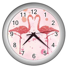 Pink Watercolour Flamingo Wall Clock (silver) by charliecreates