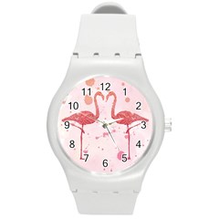 Pink Watercolour Flamingo Round Plastic Sport Watch (m) by charliecreates