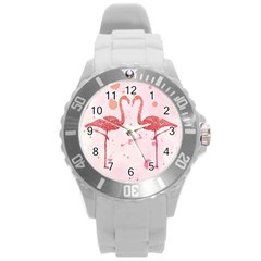 Pink Watercolour Flamingo Round Plastic Sport Watch (l) by charliecreates