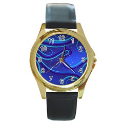 Wavy Abstract Blue Round Gold Metal Watch by Pakrebo