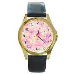 Background Floral Non Seamless Round Gold Metal Watch by Pakrebo