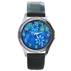 Bokeh Floral Blue Design Round Metal Watch by Pakrebo