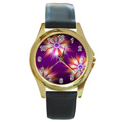 Floral Non Seamless Pattern Purple Round Gold Metal Watch by Pakrebo