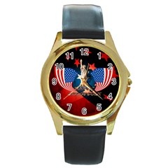 Happy 4th Of July Round Gold Metal Watch by FantasyWorld7