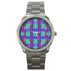 Groovy Green Orange Blue Yellow Square Pattern Sport Metal Watch by BrightVibesDesign