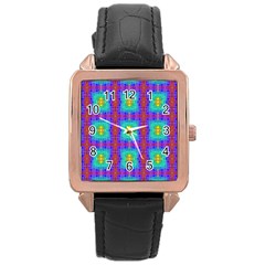 Groovy Green Orange Blue Yellow Square Pattern Rose Gold Leather Watch 