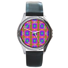 Groovy Purple Green Pink Square Pattern Round Metal Watch by BrightVibesDesign